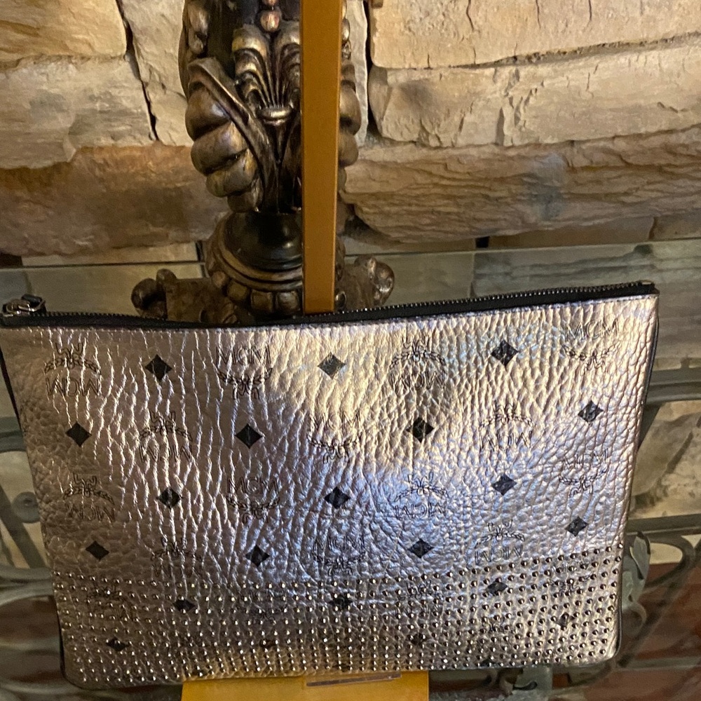 MCM Metallic Gold Clutch with Black Accents - Picture 3 of 11